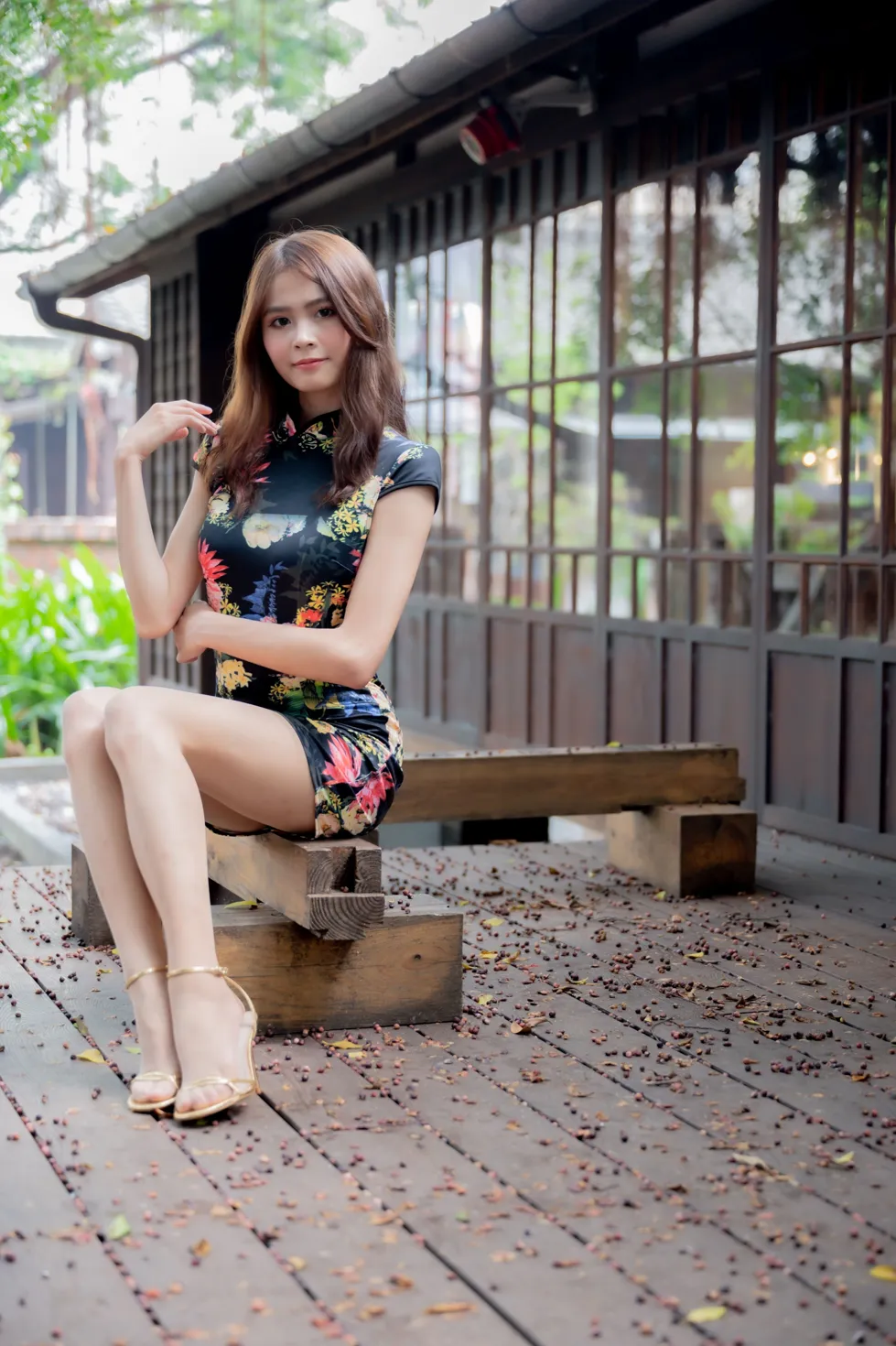 [Mzsock] NO.202 He Jiaxin black flower short cheongsam stockings high heels beautiful legs street photography#[97P]-3