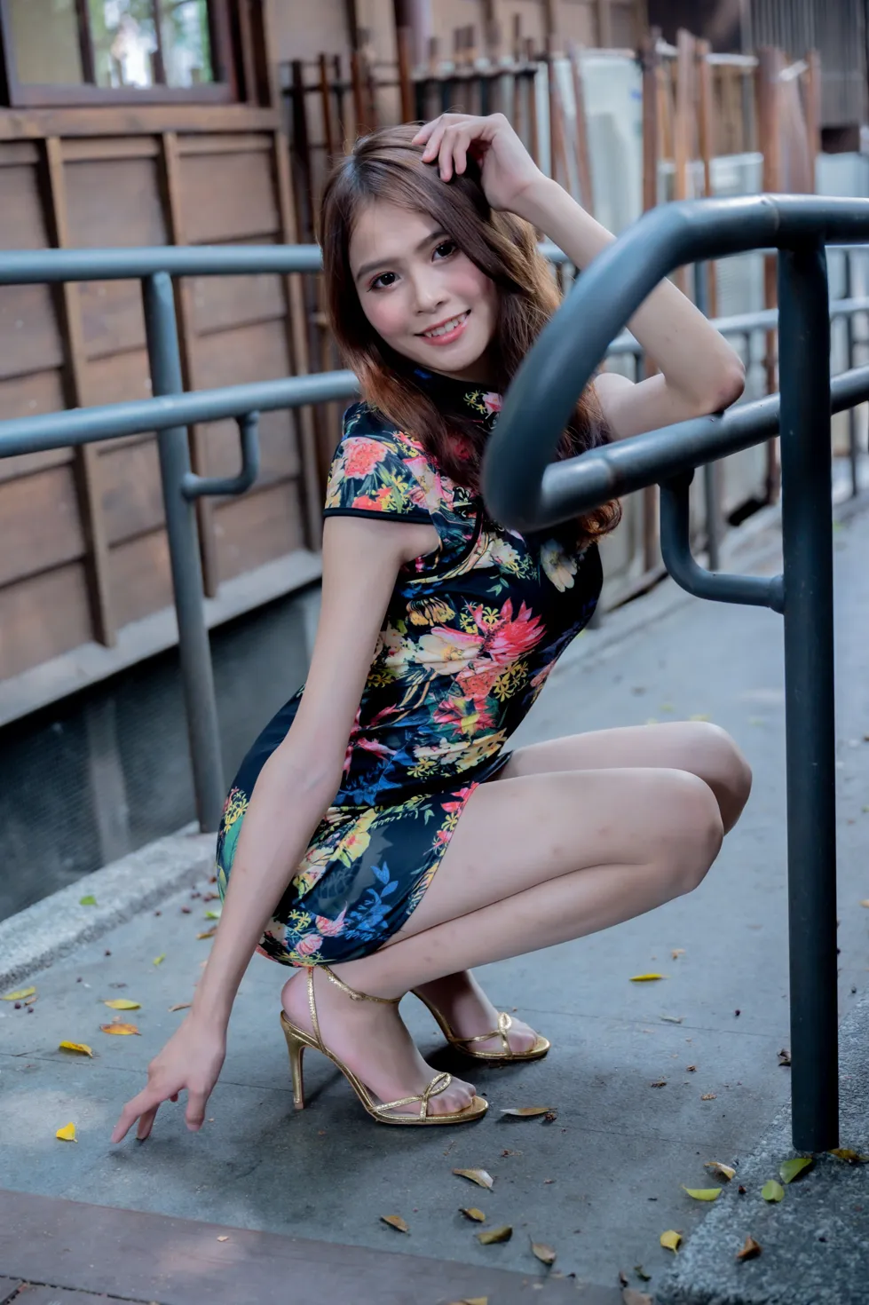 [Mzsock] NO.202 He Jiaxin black flower short cheongsam stockings high heels beautiful legs street photography#[97P]-4